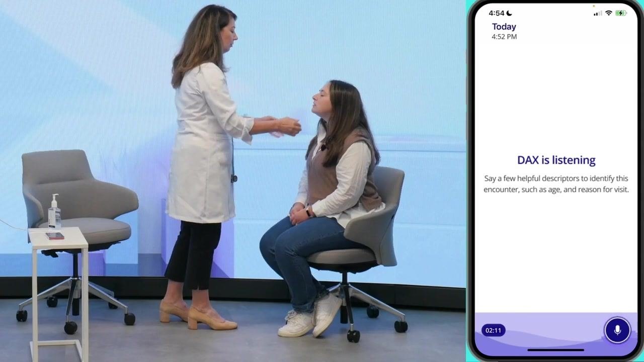 Mobile app screen showing "DAX is listening" during the physical exam, timer running