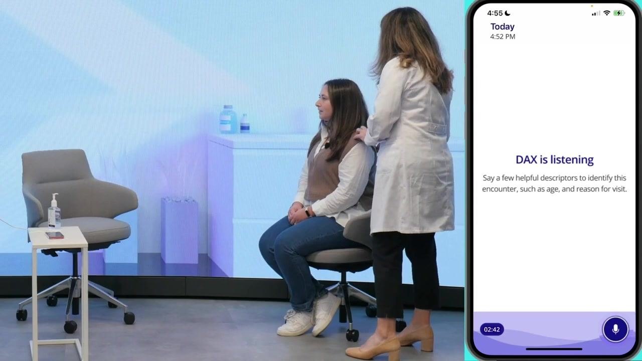Mobile app screen showing "DAX is listening" while the clinician explains exam findings