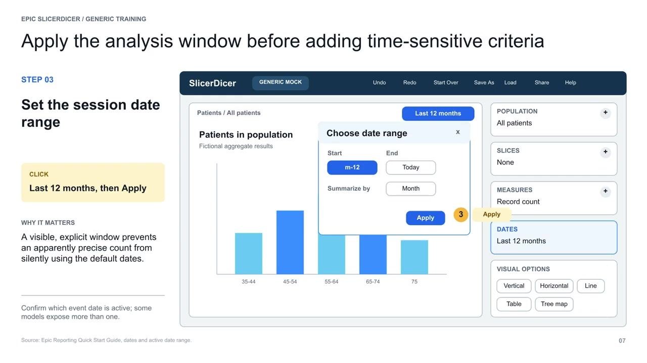 Screen showing how to set the session date range to "Last 12 months" and apply it