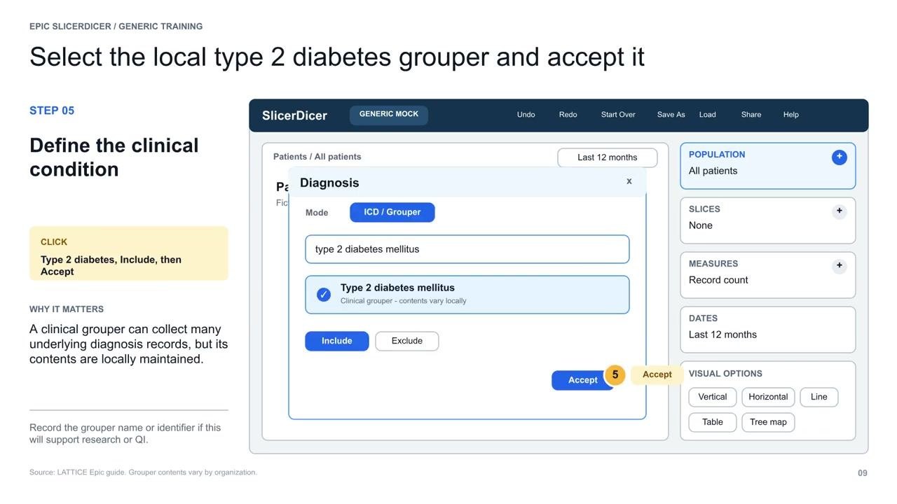 Screen showing selection of the local type 2 diabetes grouper and acceptance within the Diagnosis criteria