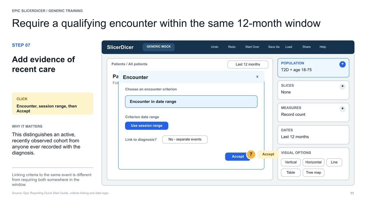 Screen showing the Encounter criterion with "Use session range" selected and the Accept button highlighted
