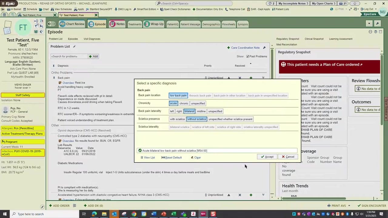 Diagnosis selection dialog showing options for back pain location, chronicity, laterality, and presence of sciatica, with "Acute bilateral low back pain without sciatica" selected.