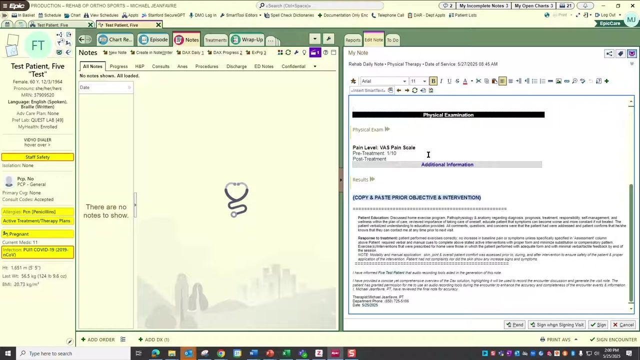 EpicCare note editor open with the DAX Daily Note template, showing sections for Assessment and Plan, History of Present Illness, Physical Examination, and Results, with copy-paste prompts and auto-populated fields visible.