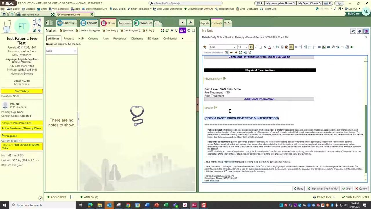 Completed note with all sections filled in: Assessment and Plan, History of Present Illness, Physical Examination, Results, and additional information, with the therapist's signature and date visible at the bottom.