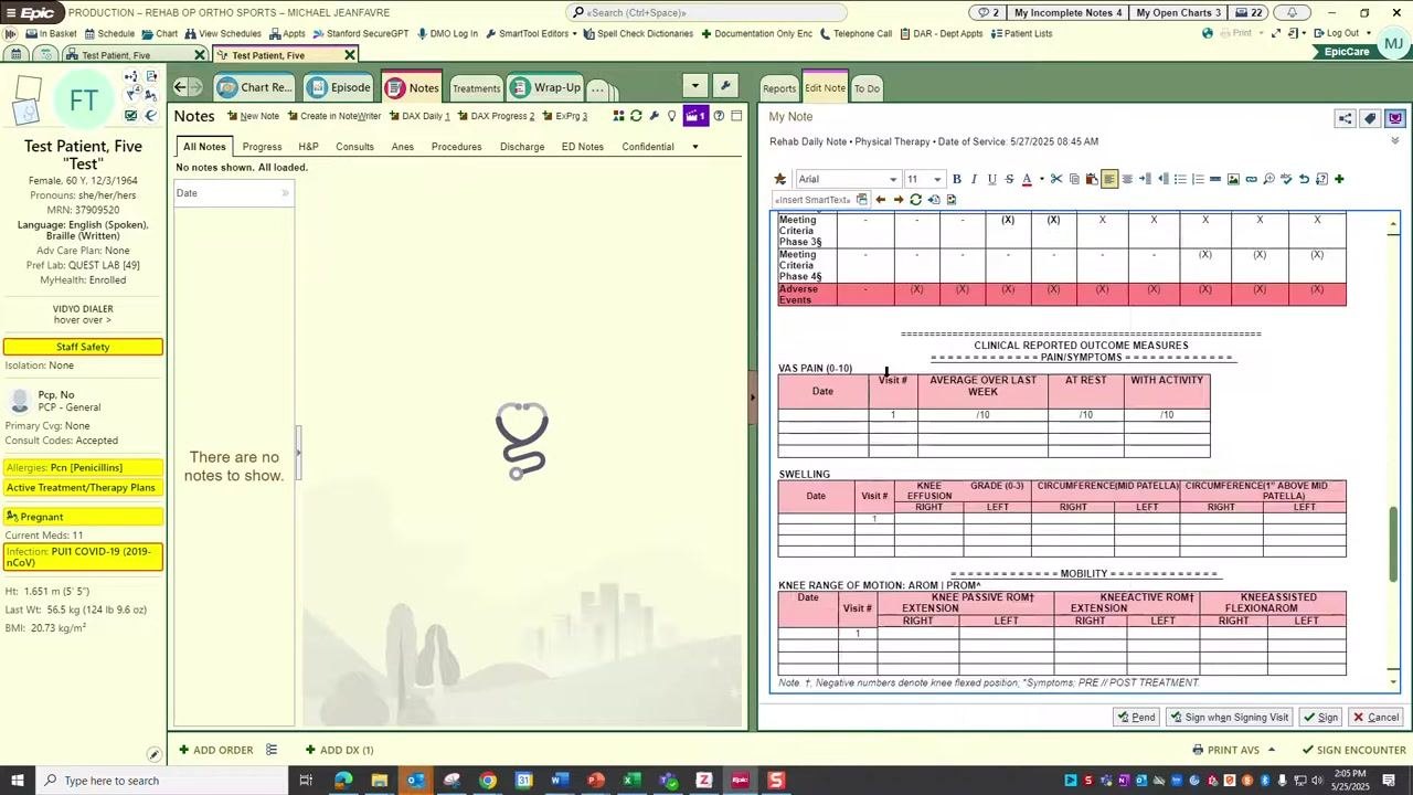 EpicCare note editor showing the Assessment and Plan, History of Present Illness, Physical Examination, and Results sections, with copy-paste prompts and auto-populated fields.