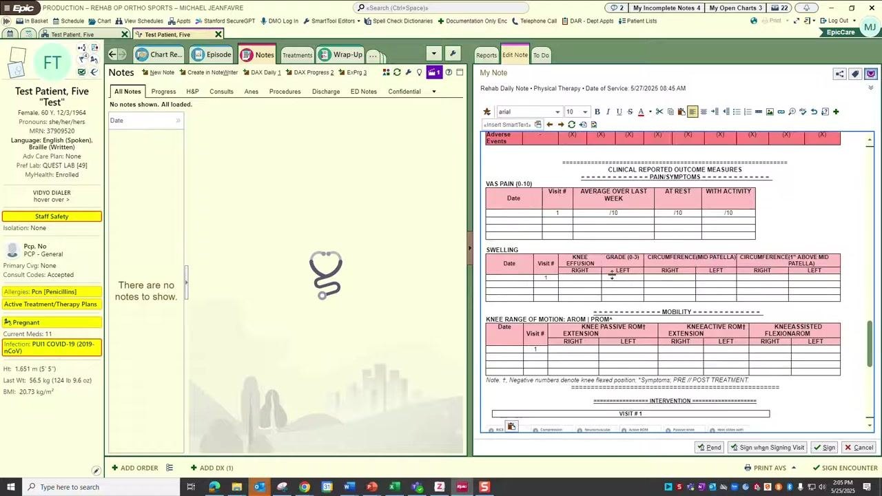 Completed daily note with all sections filled in, including interventions, objective measures, and patient education.