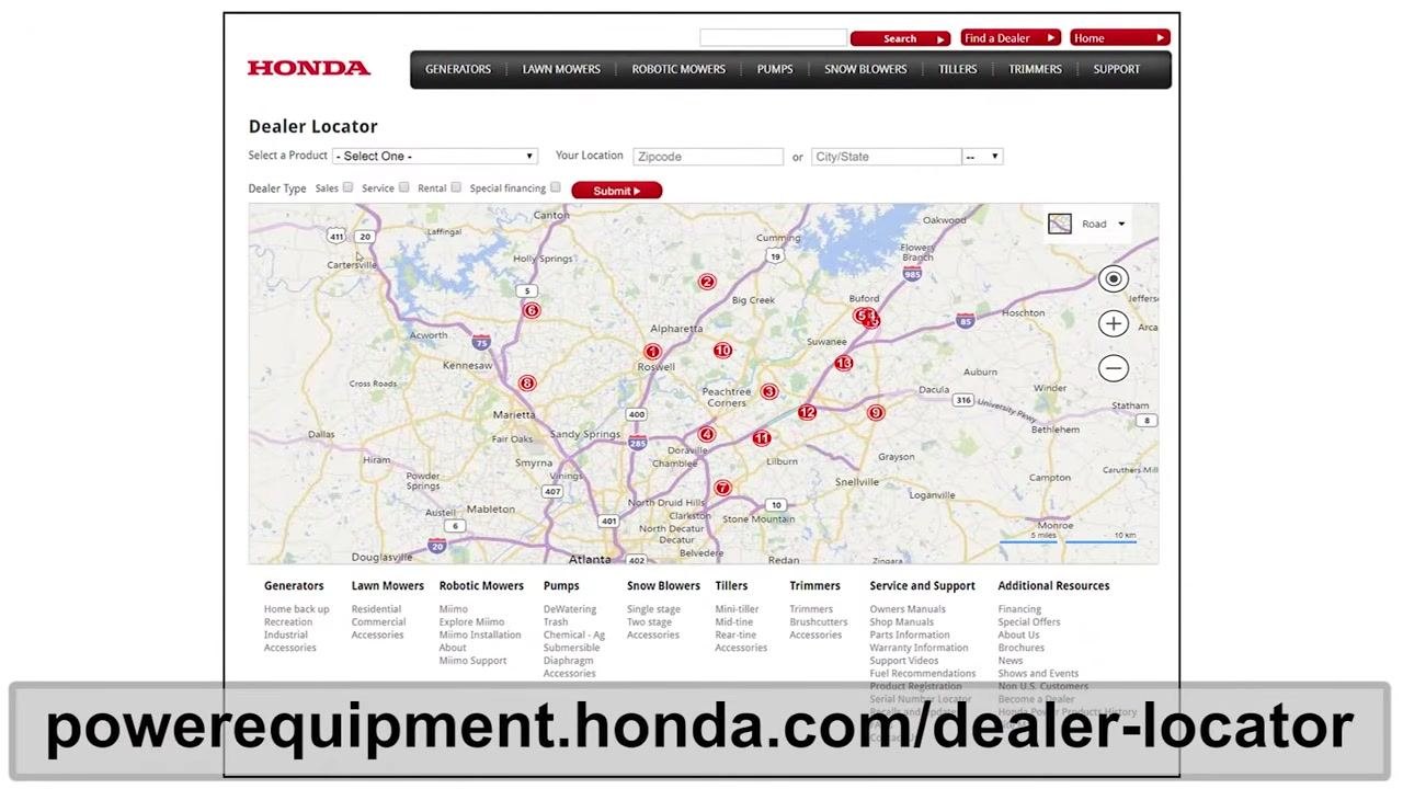 Honda Power Equipment Dealer Locator webpage showing a map with dealer locations and a search interface, with the URL powerequipment.honda.com/dealer-locator displayed at the bottom