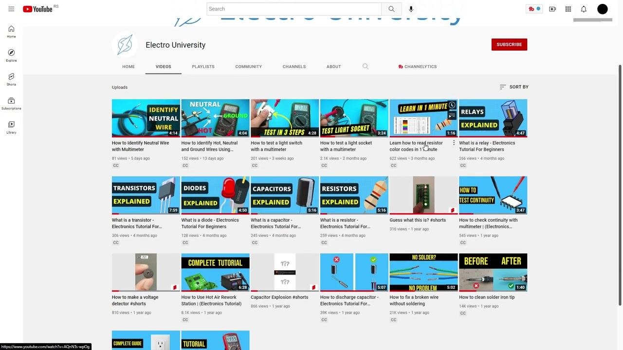 YouTube channel page for "Electro University" showing a grid of electronics tutorial videos, a red "Subscribe" button, and various video thumbnails and titles related to electronics education.