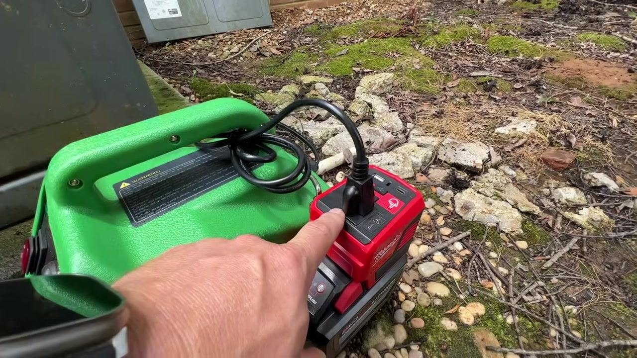 A hand gestures toward a garden hose and the HVAC unit, illustrating why a standard hose is not recommended for indoor coil rinsing.