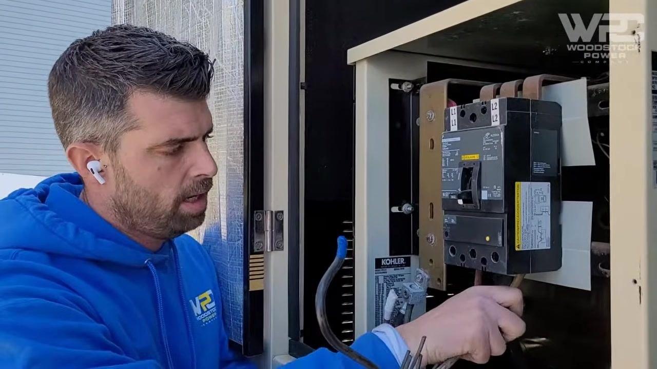 Breaker panel open, technician preparing to connect leads to the generator breaker with labeled terminals, breaker switch, and multiple colored cables visible