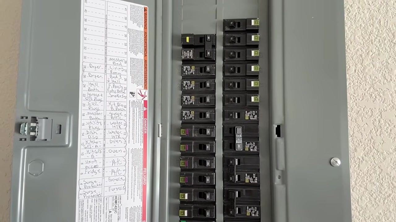 Electrical breaker panel with handwritten labels showing the location of the water heater breaker