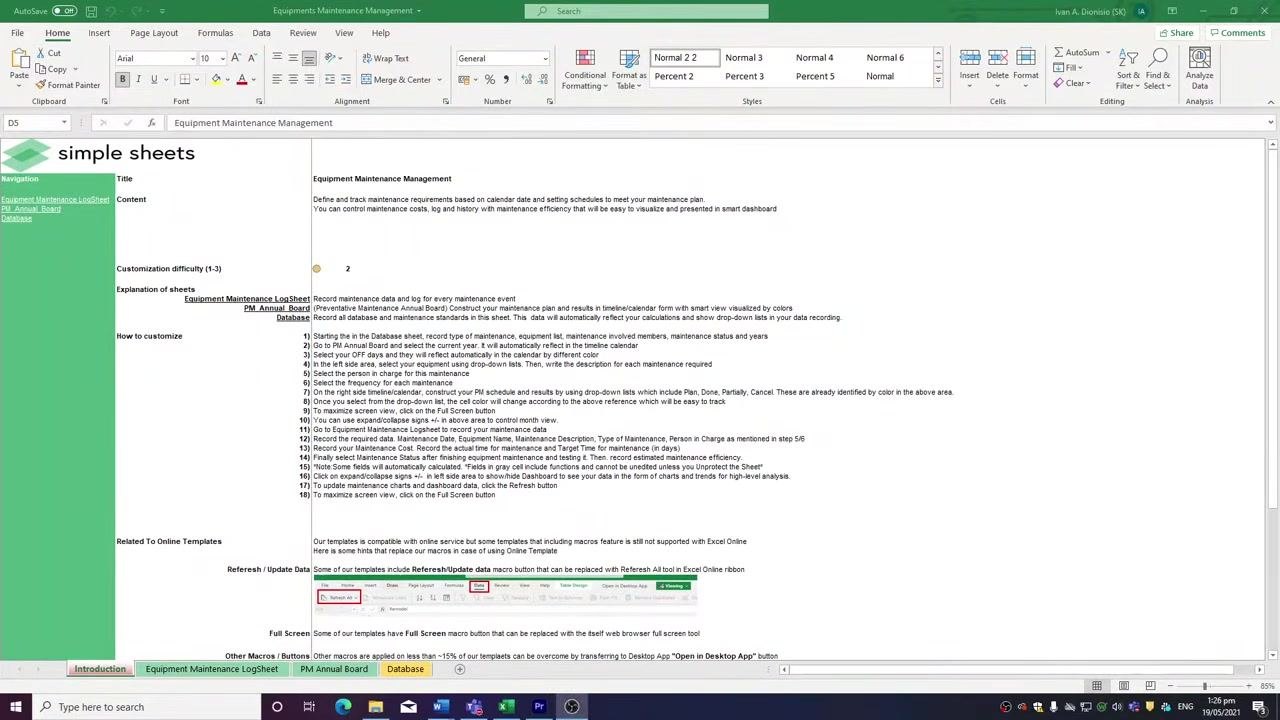 Excel window showing the Introduction sheet of the Equipment Maintenance Management Template, with sections for title, content, customization difficulty, explanation of sheets, how to customize, and related online template instructions. Navigation panel on the left and tabs at the bottom.