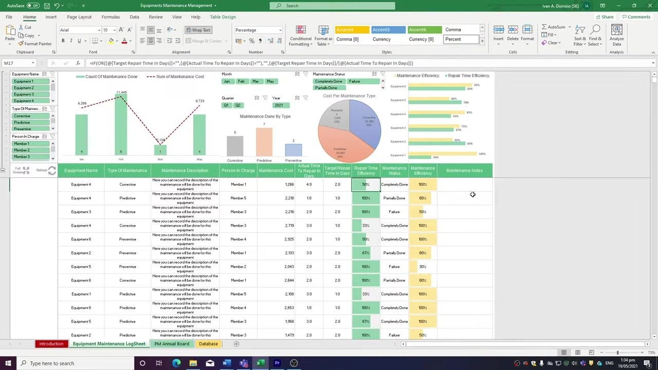 Excel sheet with the Maintenance Notes column visible and ready for user input.