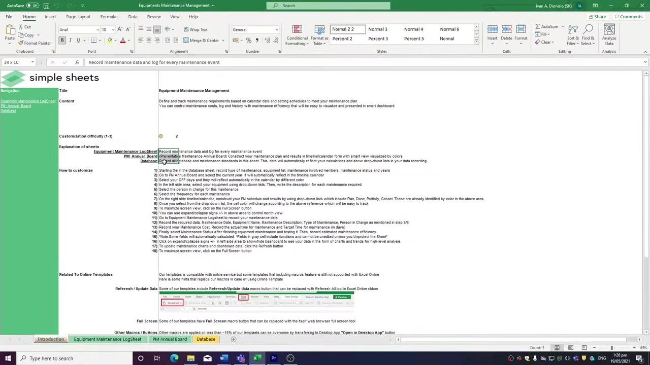 Bottom section of the Introduction sheet showing instructions for online compatibility, refresh/update data, full screen mode, macros/buttons, and opening in Desktop App, with example screenshots.
