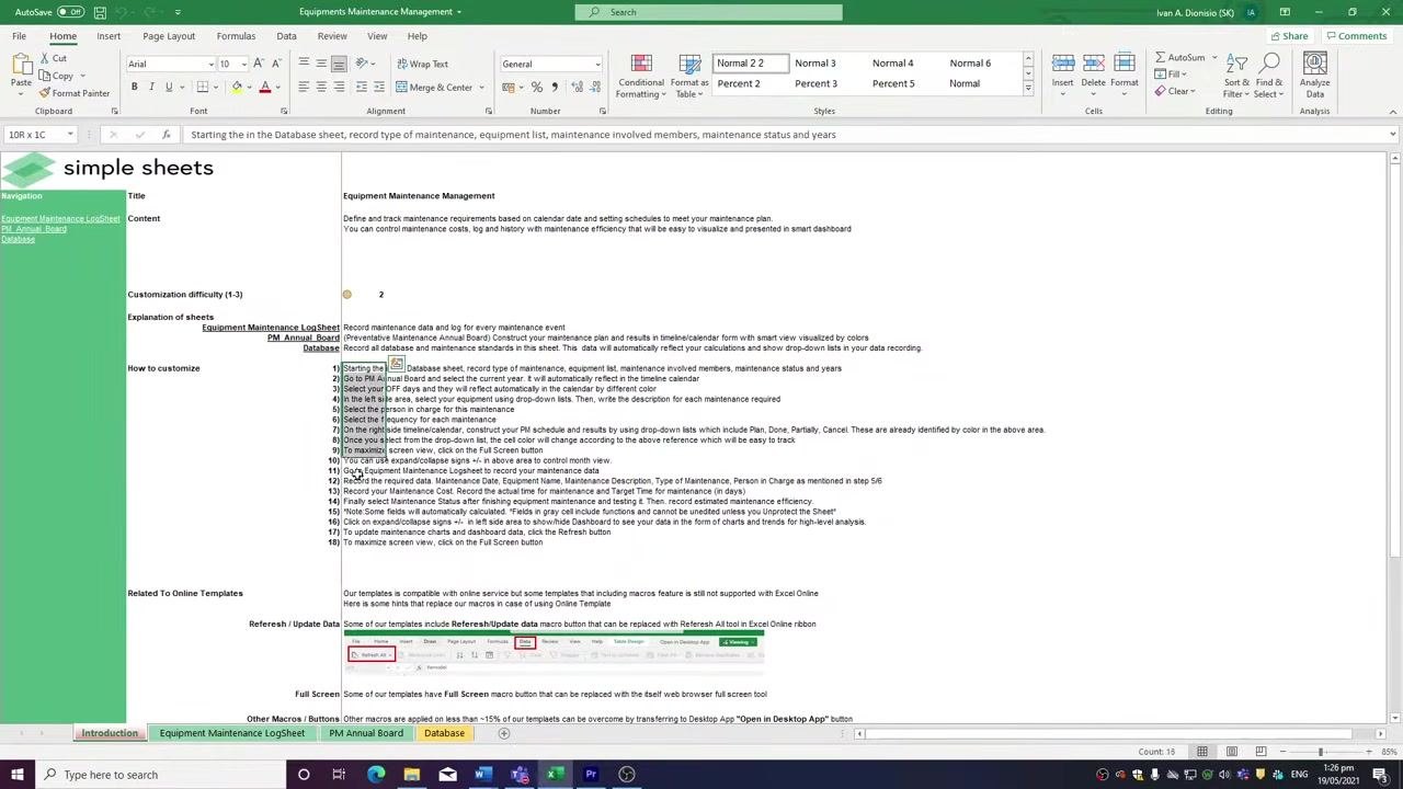 Database tab showing columns for Types Of Maintenance (Preventive, Corrective, Predictive), Equipments / Code List (Equipment 1-6), Person in Charges (Member 1-5), Maintenance Status (Completely Done, Partially Done, Failure), and Years (2020-2024).
