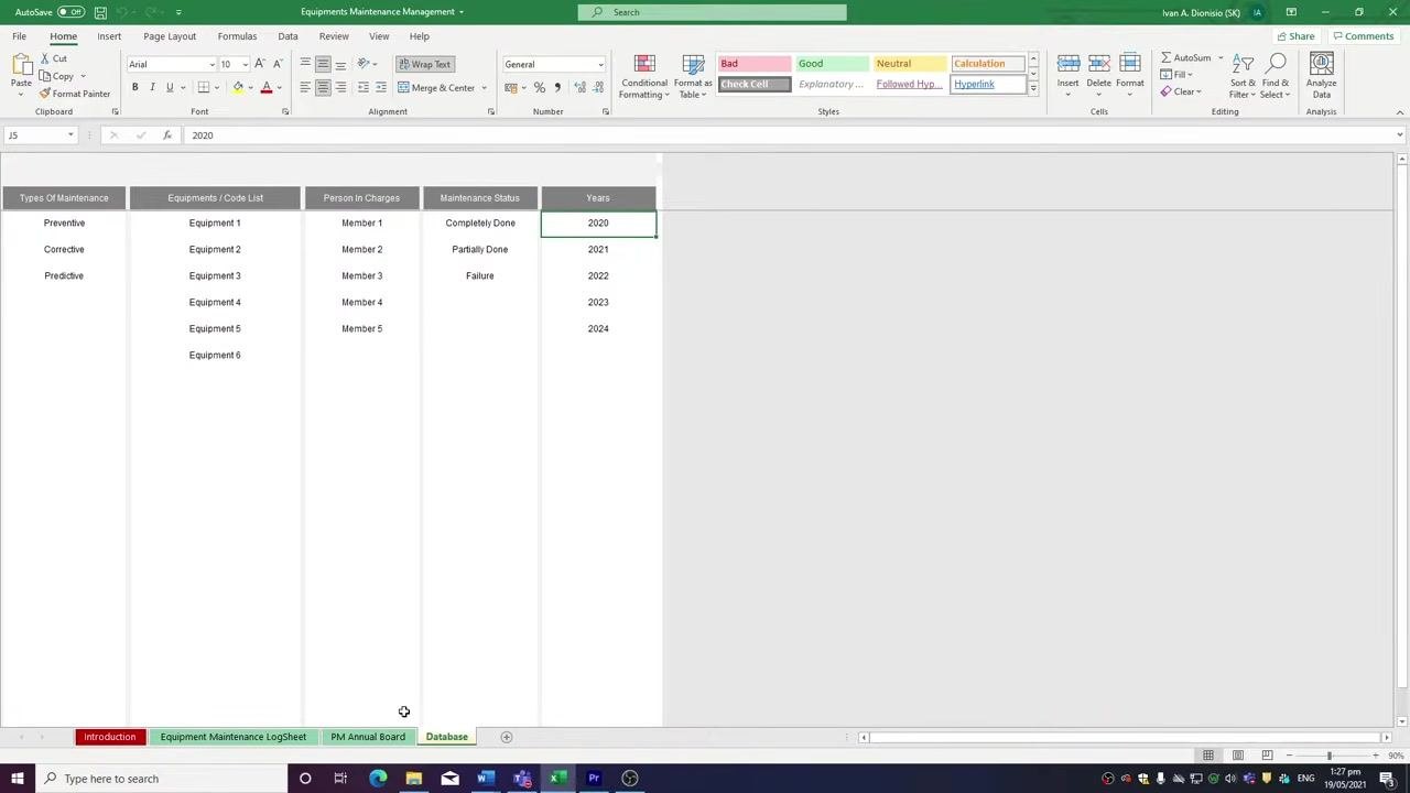 Database tab still visible, showing the process of selecting a year (2020) from the drop-down in the PM Annual Board tab.