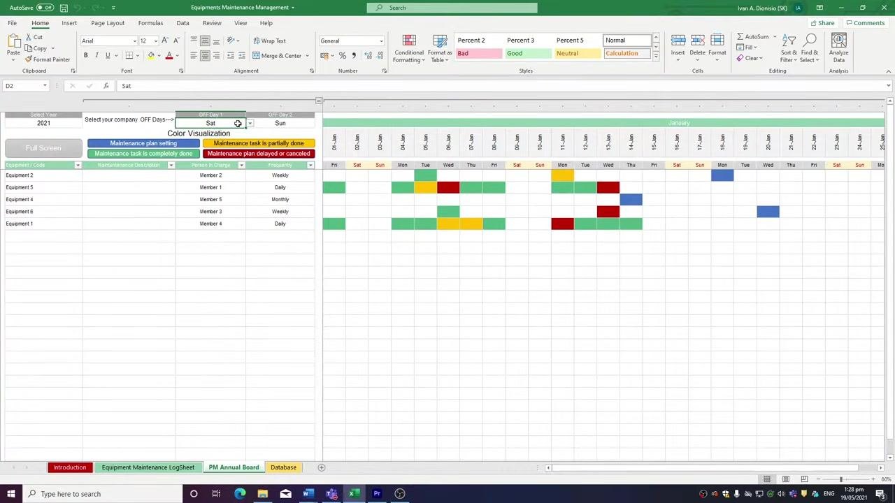 PM Annual Board tab showing dropdowns for OFF Day 1 and OFF Day 2 (Sat and Sun), color legend, and calendar with off days highlighted.
