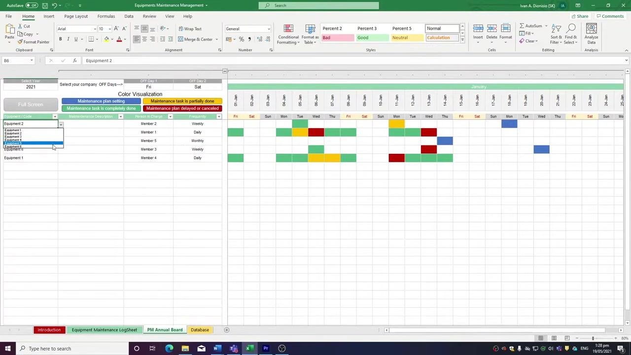 Dropdown menu open in the Equipment / Code column, showing equipment options (Equipment 1-6).
