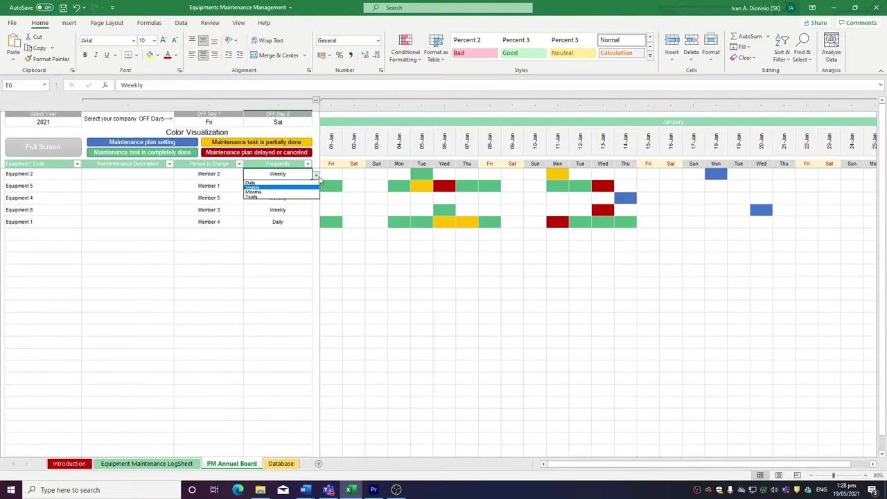 Dropdown menu open in the Frequency column, showing options: Daily, Weekly, Monthly.
