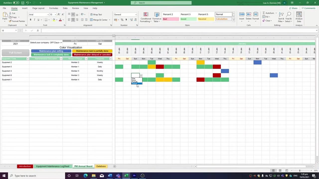Dropdown menu open in a calendar cell, showing status options: Plan, Done, Partial, Canceled, with colored cells reflecting the legend.