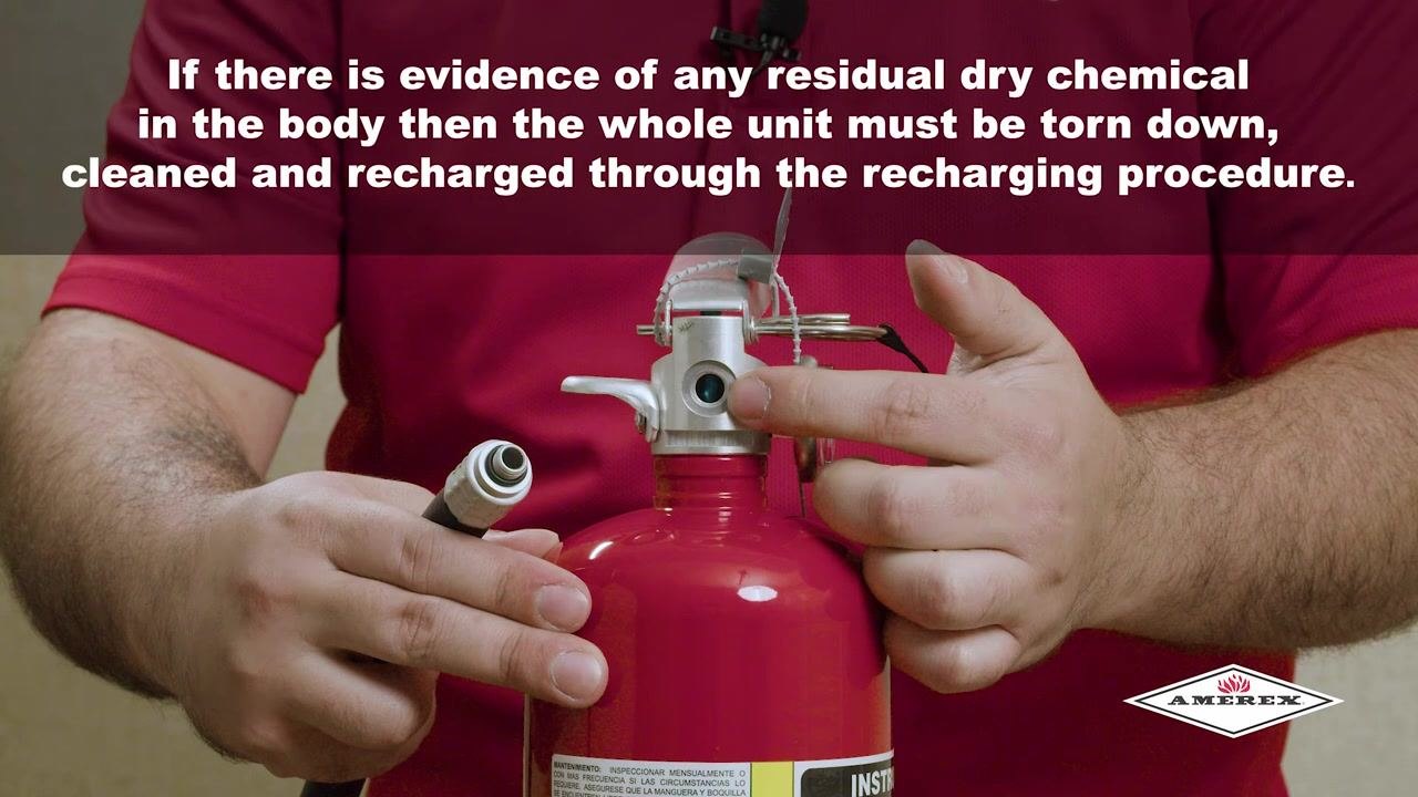 Close-up of hands inspecting the tamper seal and safety pin on the extinguisher.