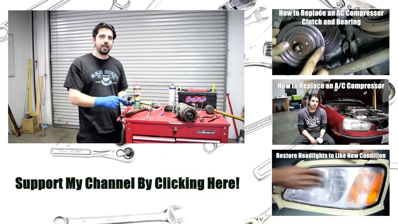 The presenter stands in a workshop, wearing gloves and holding the clutch plate, with the AC compressor and tools on a red tool chest. A Duralast battery, CRC Brakleen can, and other tools are visible. The environment is a well-lit garage with a metal roll-up door.