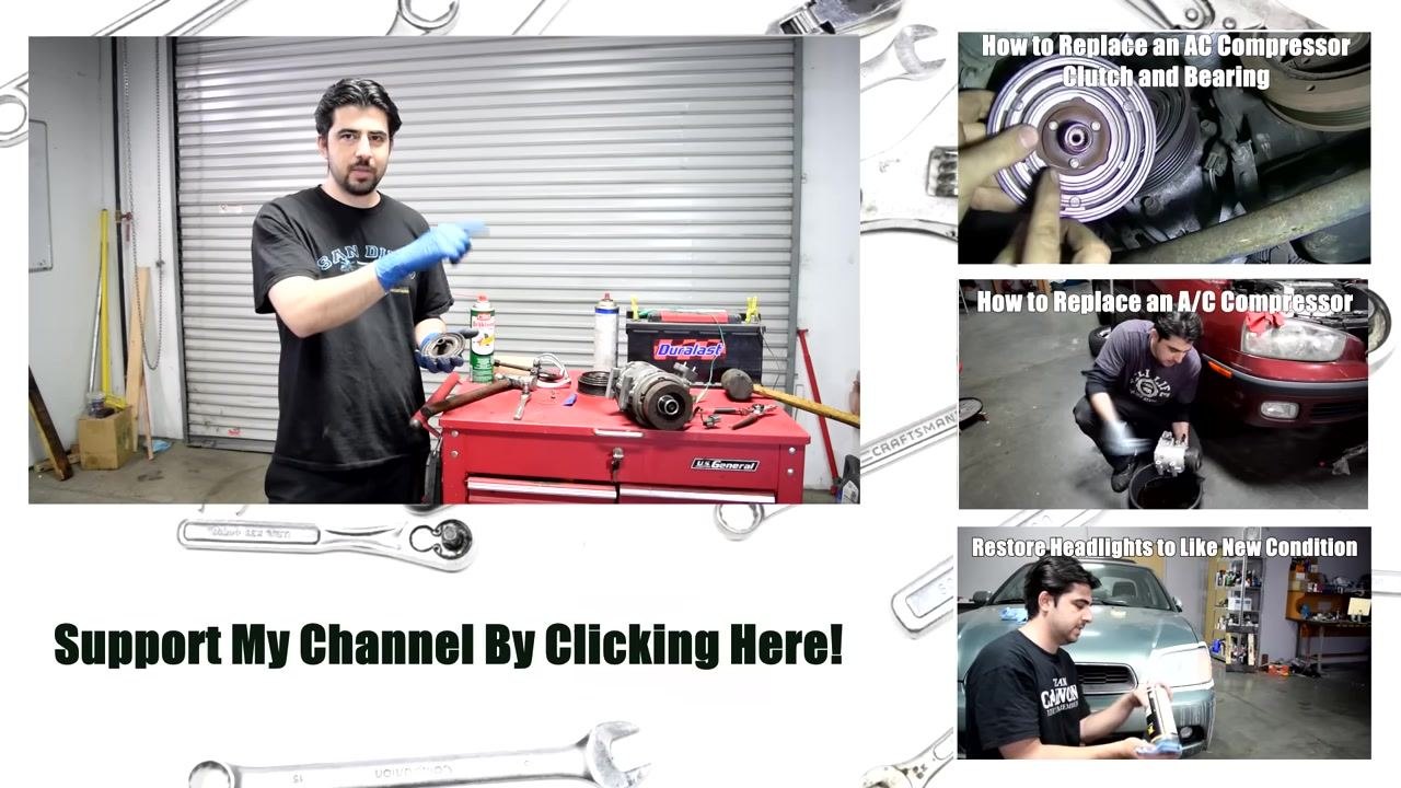 Presenter in a workshop, wearing gloves and holding a clutch plate, standing next to a red tool chest with AC compressor parts and tools. Three related video links are shown on the right: "How to Replace an AC Compressor Clutch and Bearing," "How to Replace an A/C Compressor," and "Restore Headlights to Like New Condition." The bottom of the screen displays "Support My Channel By Clicking Here!"