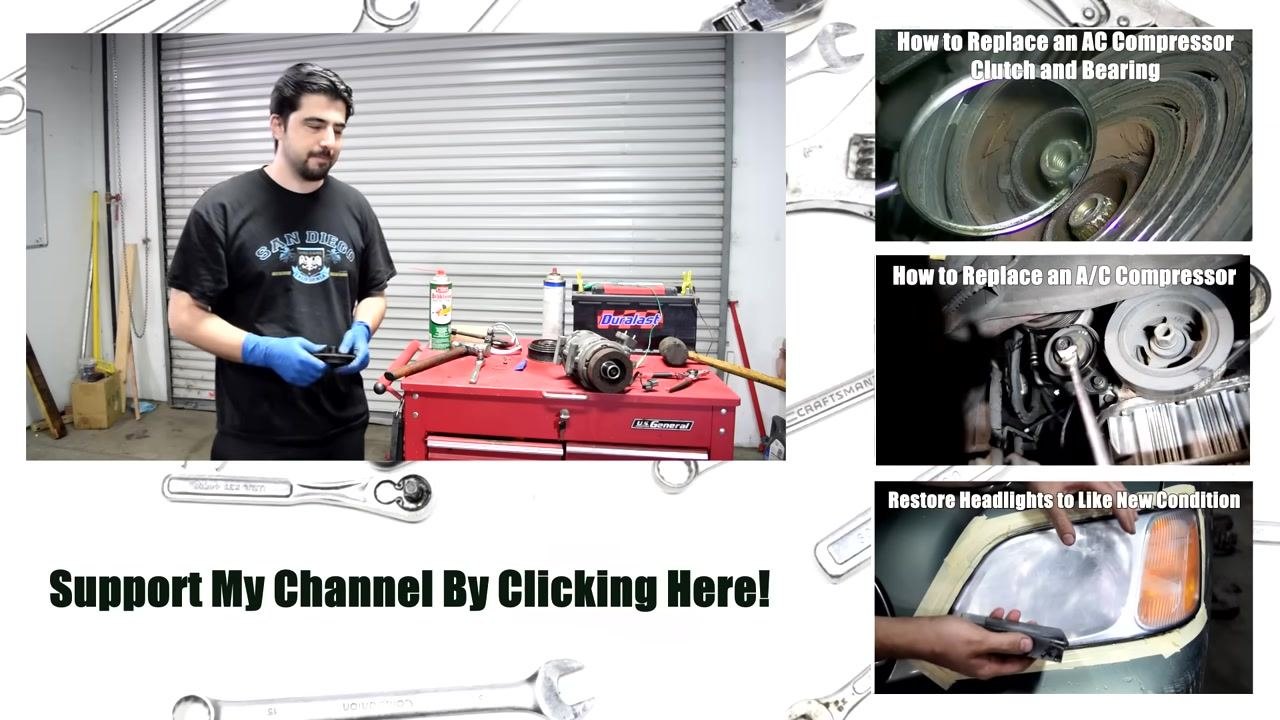 Presenter in a workshop, wearing gloves and holding a part, standing next to a red tool chest with AC compressor parts and tools. Three related video links are shown on the right. The bottom of the screen displays "Support My Channel By Clicking Here!"