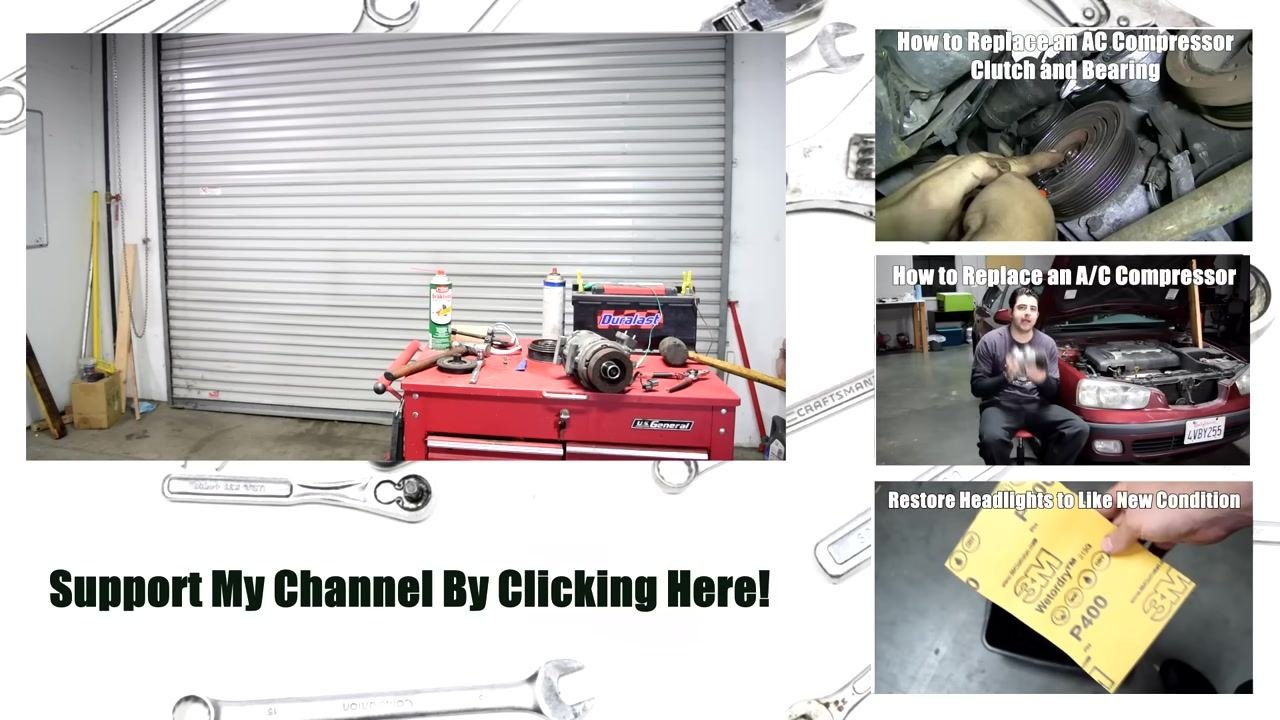 Workshop scene with a red tool chest, AC compressor, tools, and cleaning products. The presenter is not in the frame. Three related video links are shown on the right, with the bottom link showing a close-up of a hand holding a 3M Wetordry P400 sandpaper sheet. The bottom of the screen displays "Support My Channel By Clicking Here!"
