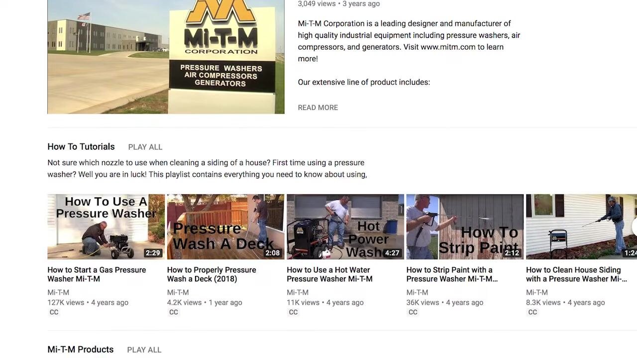 A computer screen displays the Mi-T-M YouTube channel with a playlist of pressure washer tutorials, including "How to Start a Gas Pressure Washer Mi-T-M" and other related videos.