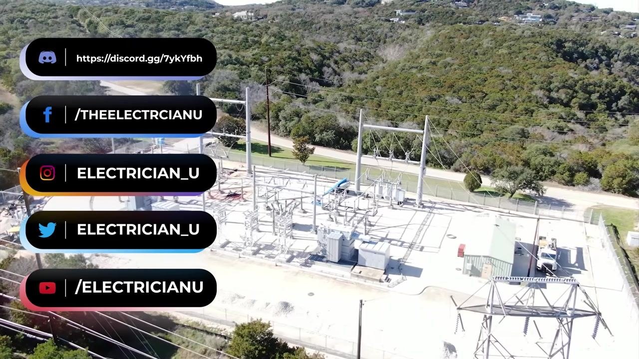 Aerial view of an electrical substation with social media handles for Discord, Facebook, Instagram, Twitter, and YouTube displayed on the left.