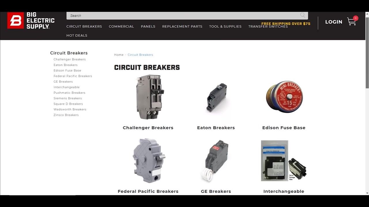 Website page for Big Electric Supply showing various types of circuit breakers available for purchase
