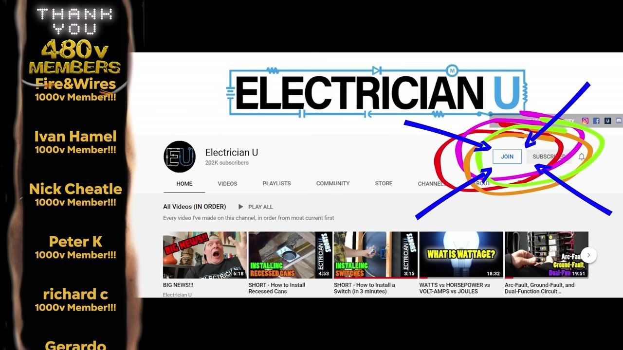 Screenshot of the "Electrician U" YouTube channel page. The "JOIN" button is circled and pointed to with colorful lines. Member names are listed on the left.