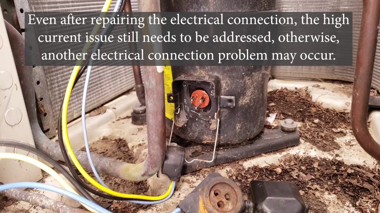 Technician pointing at a compressor terminal with a missing or damaged lug