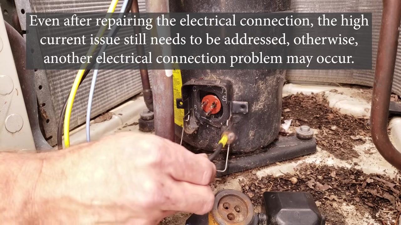 Technician's hand holding the repair kit near the compressor terminals, with the warning text still visible
