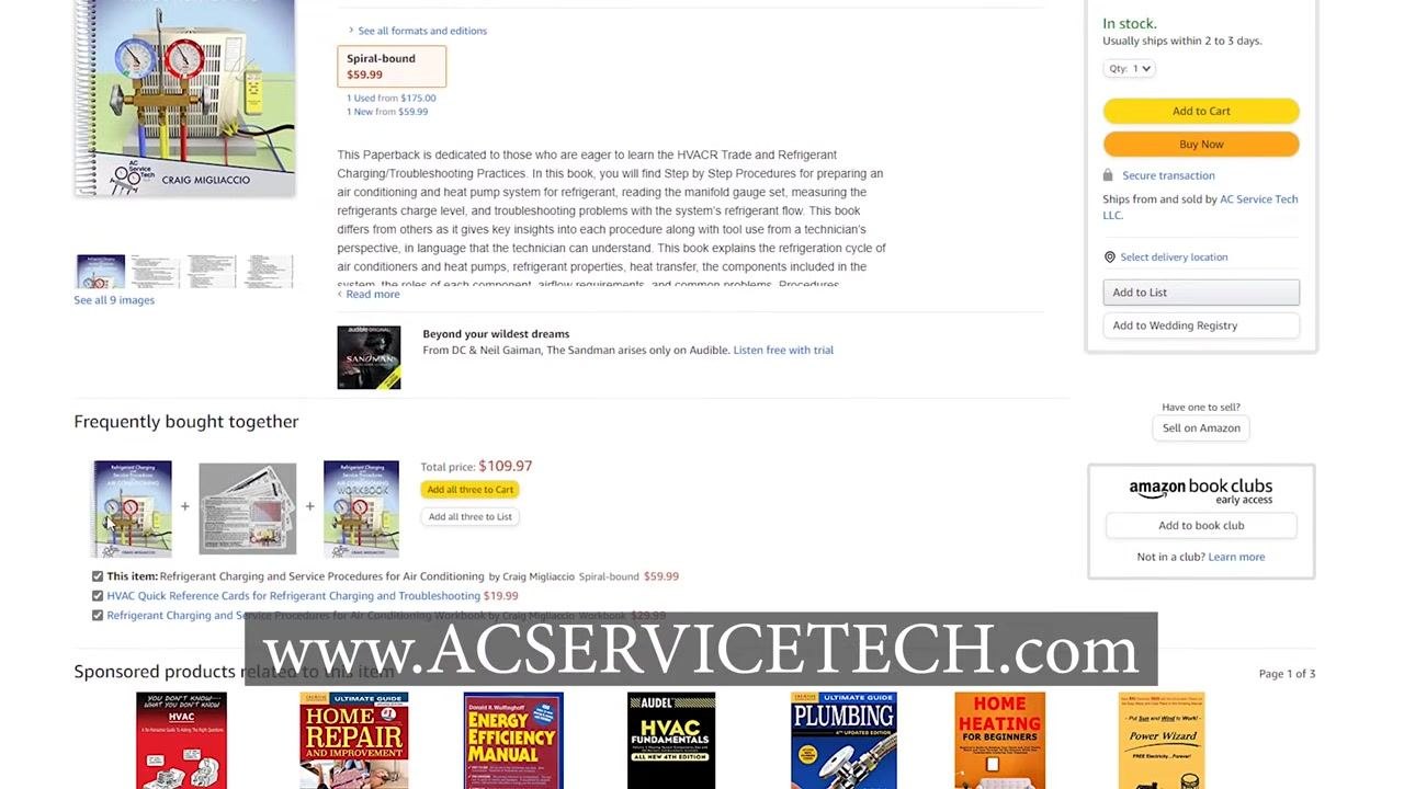 Google Play Books page for "Refrigerant Charging and Service Procedures for Air Conditioning" by Craig Migliaccio, showing the book cover, price, and description alongside similar ebook recommendations