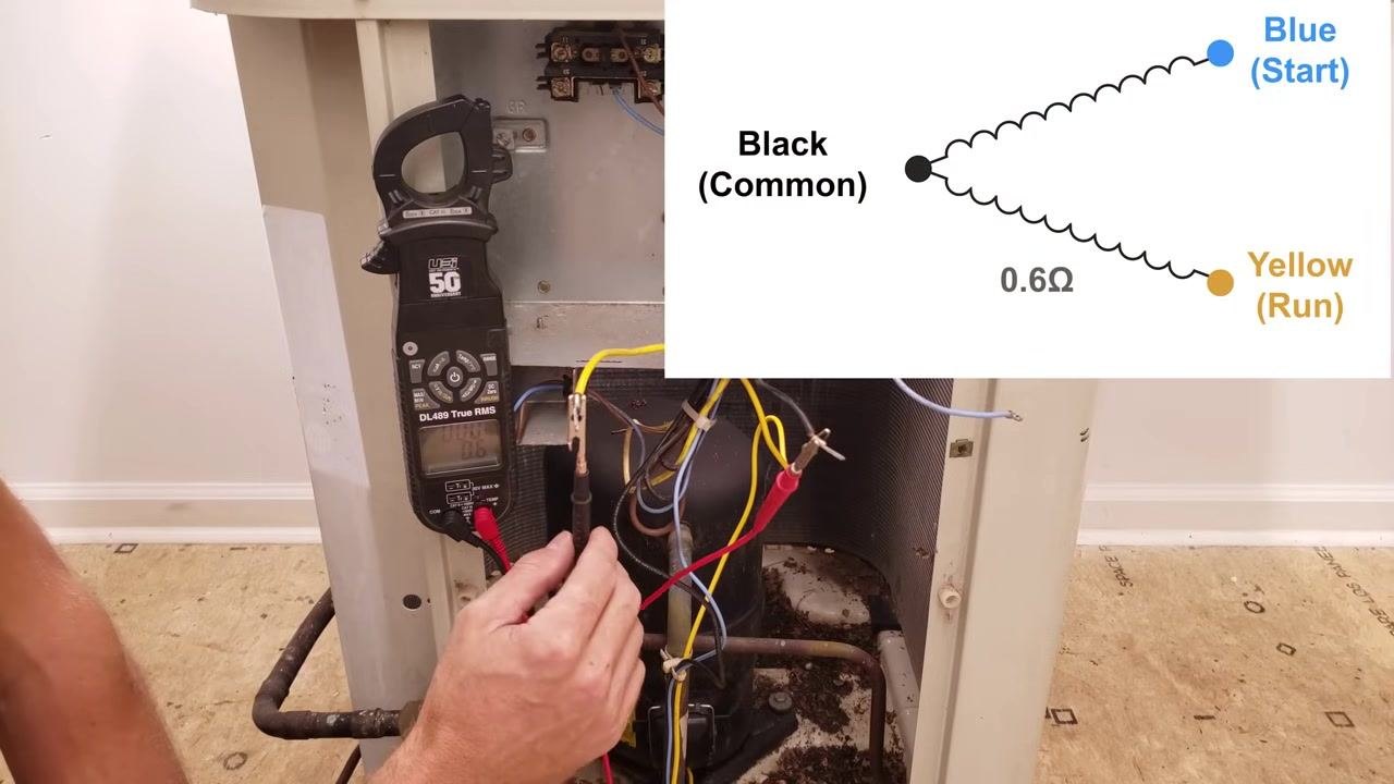 Technician disconnecting the blue wire from the compressor terminal, with the yellow and black wires already disconnected