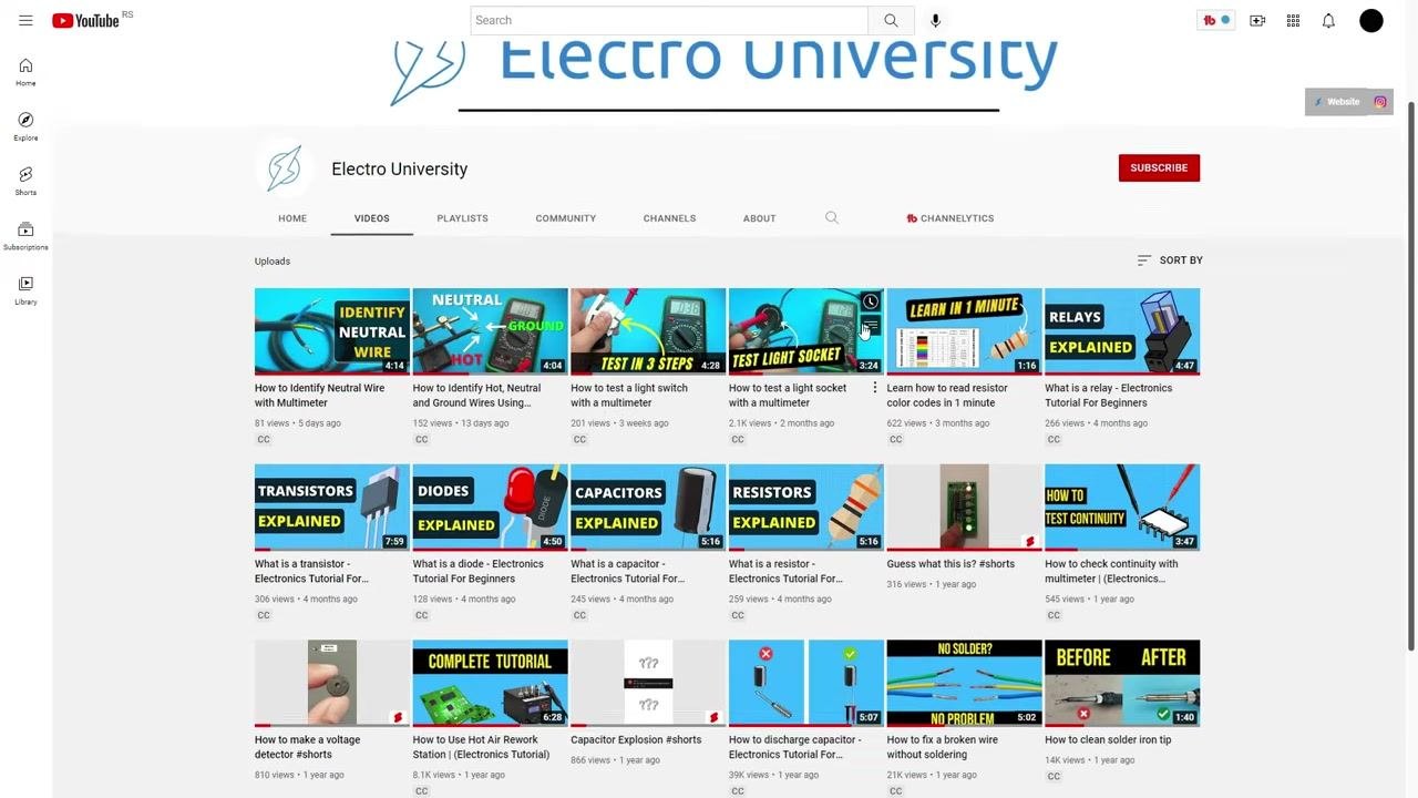 YouTube channel page for Electro University, showing various electronics tutorial videos