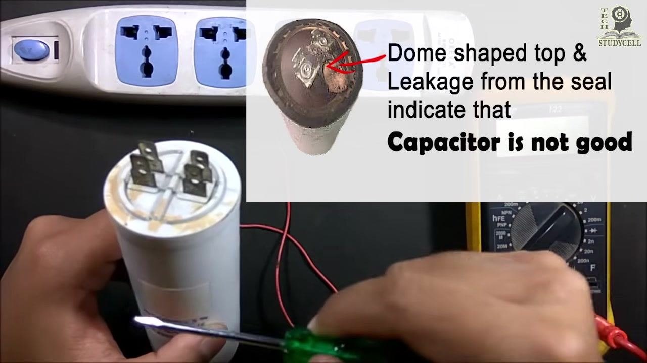 A healthy capacitor being inspected next to a reference image of a damaged capacitor, with the same warning about dome shape and leakage
