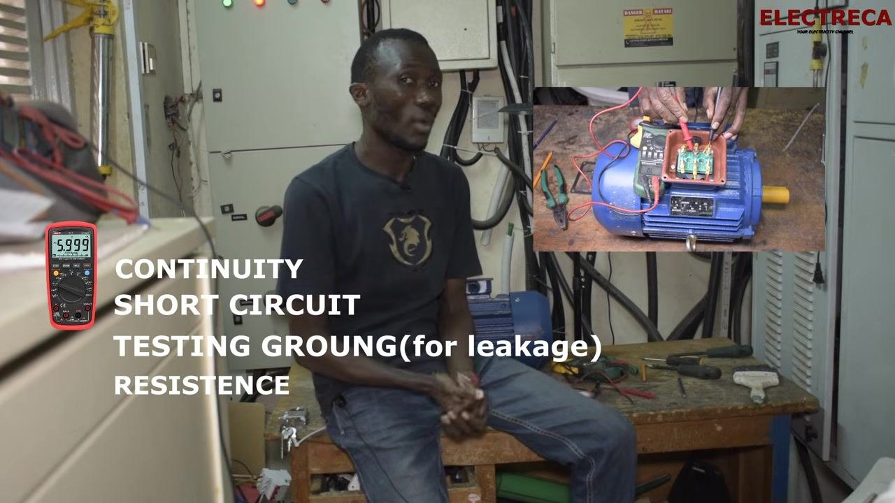 On-screen summary listing the four tests: continuity, short circuit, ground testing for leakage, and resistance, with an inset multimeter and winding diagram.