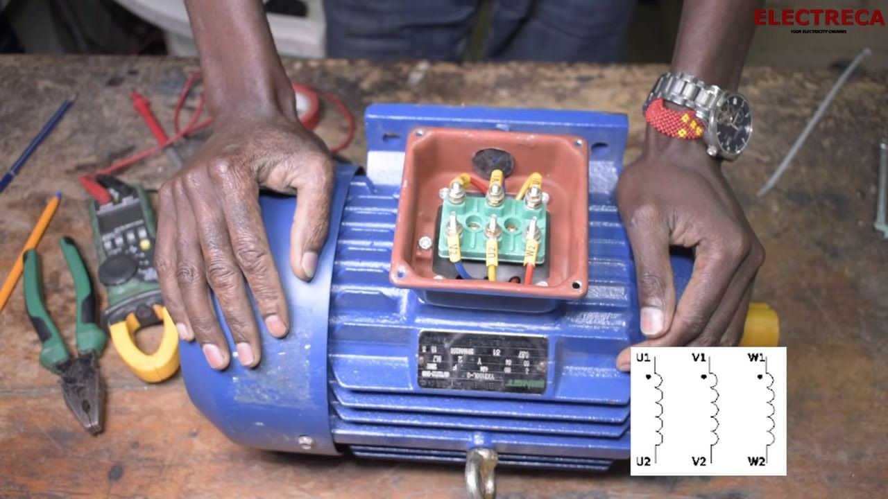 Close-up of the motor with a winding diagram overlay showing the U1-U2, V1-V2, and W1-W2 connections.