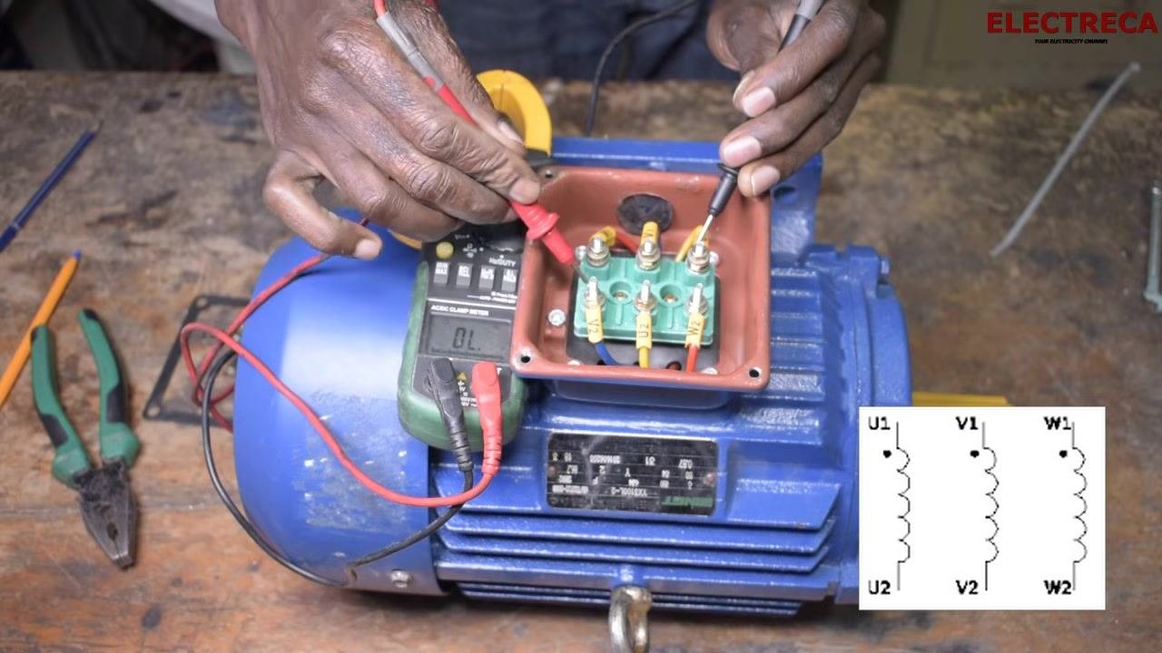 Multimeter probes placed on different terminals (U1 and V2), with the display showing "OL" (open loop), correctly indicating no continuity, and the winding diagram overlaid for reference.