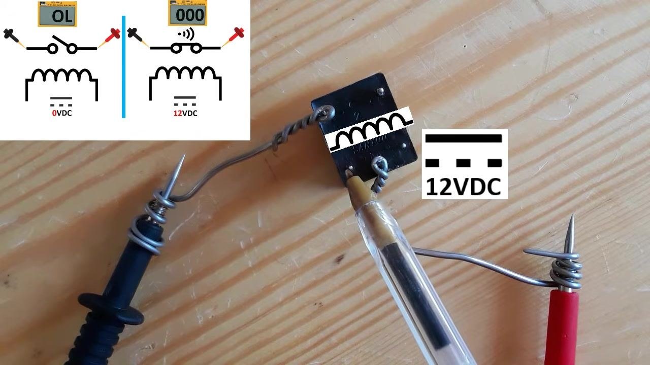 Multimeter display shows "034" (low resistance) with a relay switch schematic overlay and terminals connected
