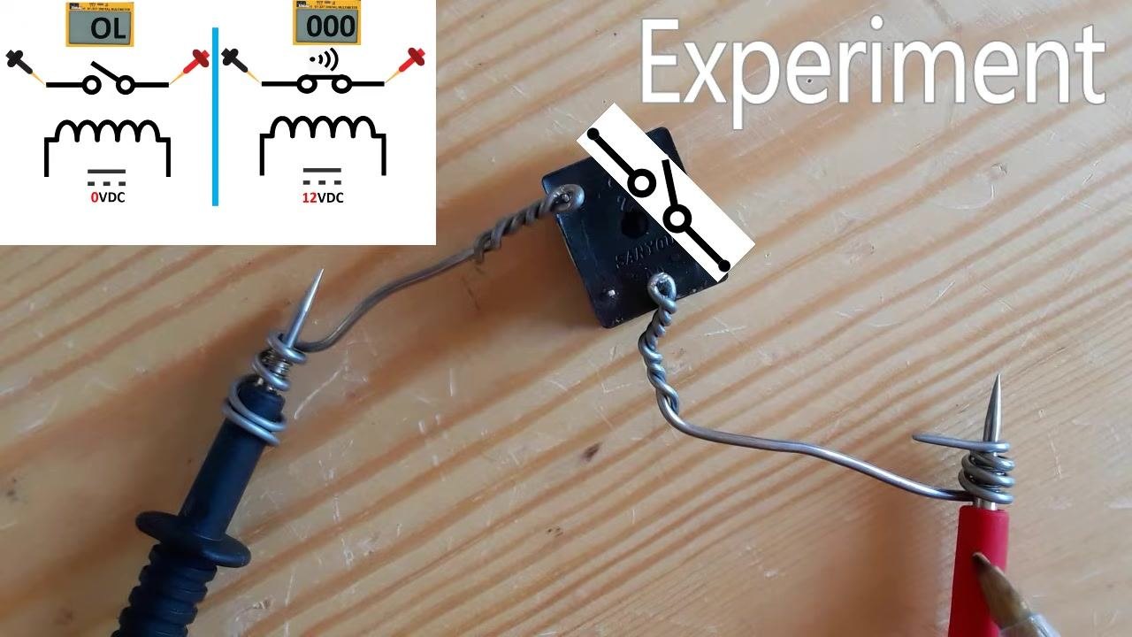 Multimeter probes connected to relay switch terminals with a schematic overlay