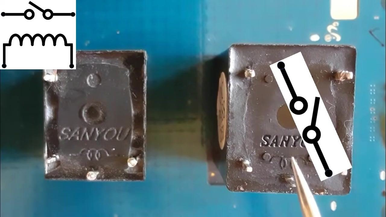 Two SANYOU relays mounted on a blue PCB, each showing four terminals, with a relay circuit symbol in the top-left corner