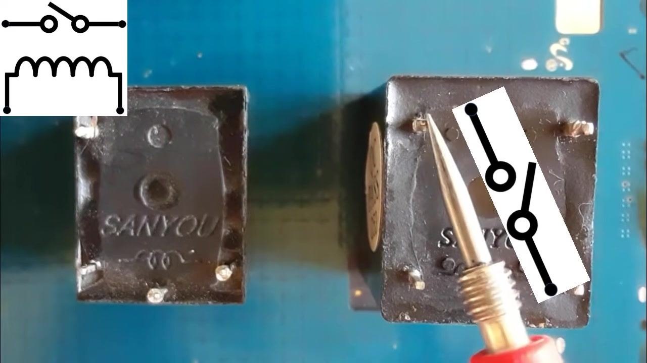 A pointer highlights the switch terminals on the relay, with a switch circuit symbol overlaid for clarity