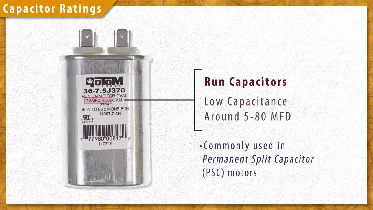 Run capacitor labeled 7.5 MFD ±5%, indicating low capacitance for use in PSC motors