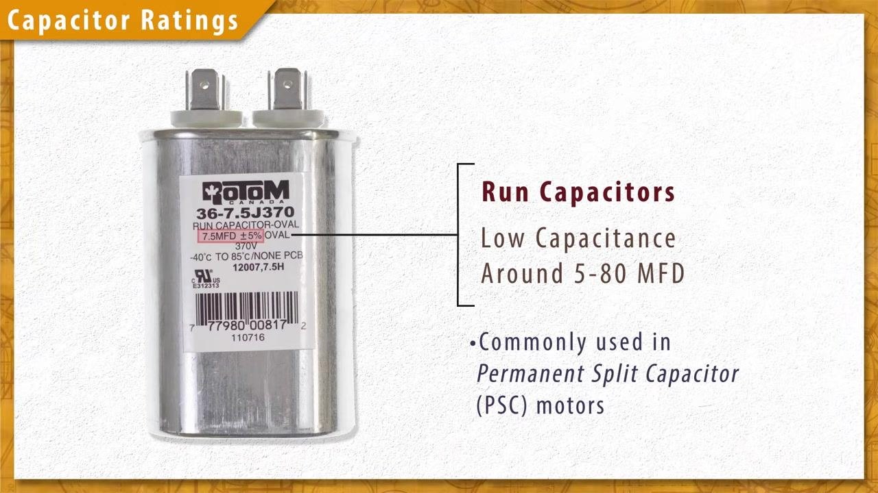 Dual run capacitor label showing two capacitance ratings: a higher MFD value for the compressor and a lower MFD value for the fan