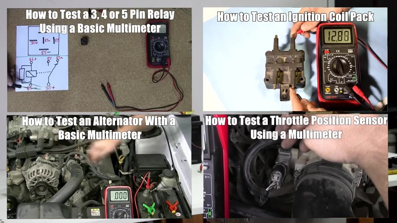 Screen showing four video thumbnails for relay testing, ignition coil pack testing, alternator testing, and throttle position sensor testing, each featuring a multimeter in use.