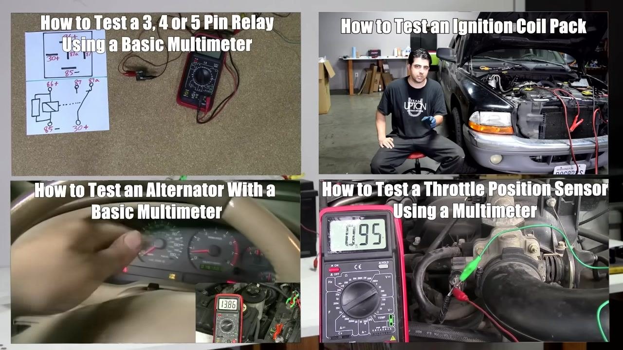 Screen with four video thumbnails showing multimeter use on relays, ignition coil packs, alternators, and throttle position sensors, with close-ups of readings and probe placement.